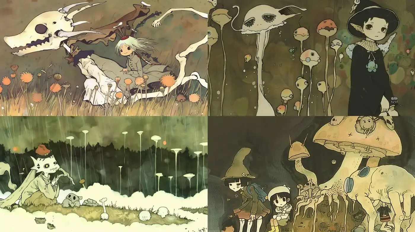 Whimsical and Ethereal Fantasy with a Playful Yet Melancholic Tone - Midjourney sref style