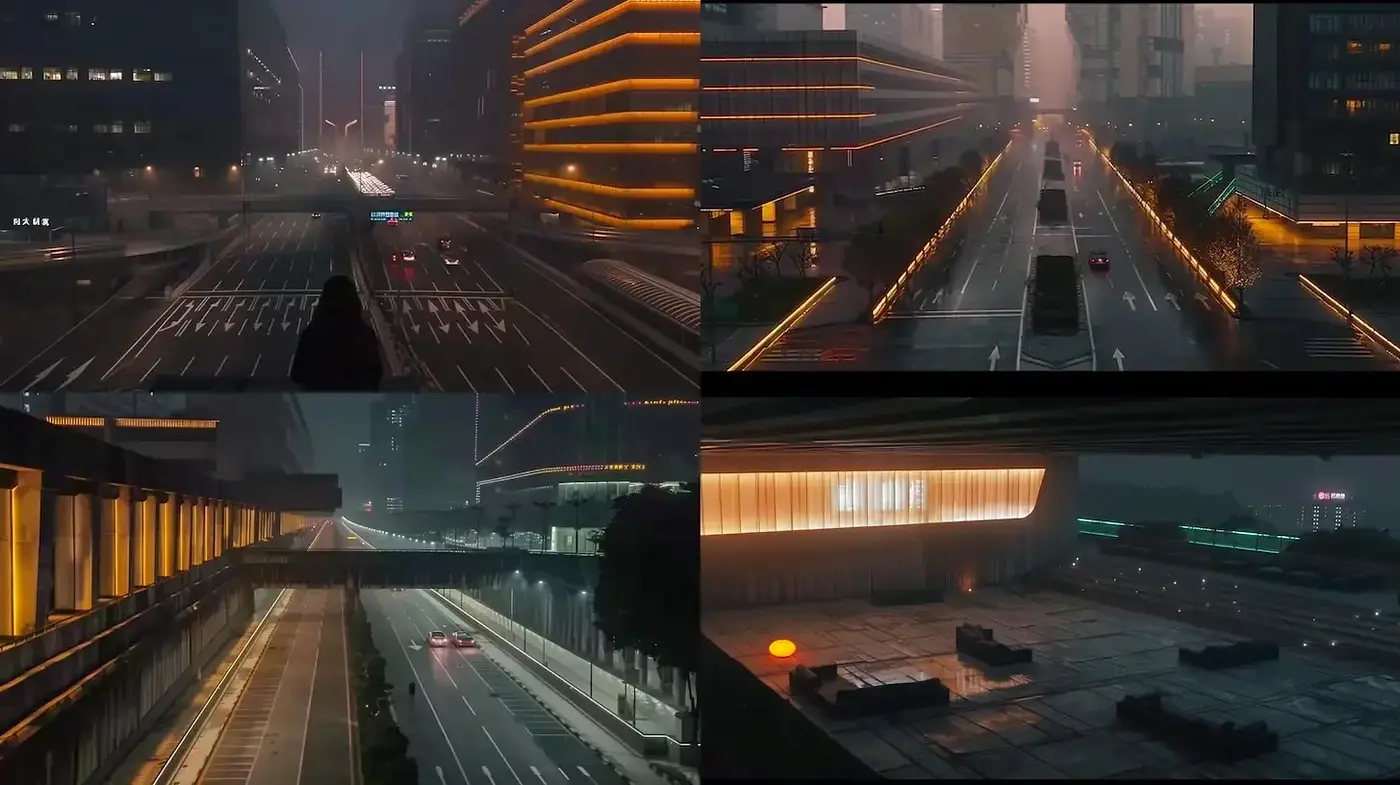 Futuristic Urban Spaces with Neon Accents and Atmospheric Depth - Midjourney sref style