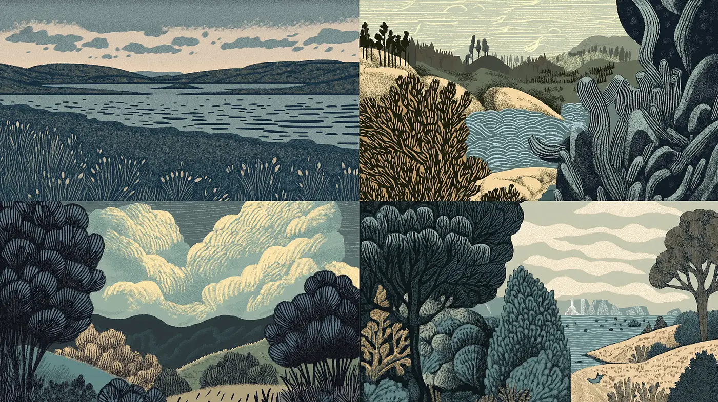 Serene and Stylized Nature Vignettes with a Consistent Textured Ambiance - Midjourney sref style