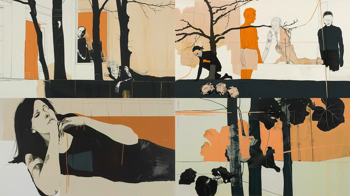 Abstract Monochrome Intersections With Pops of Autumn - Midjourney sref style