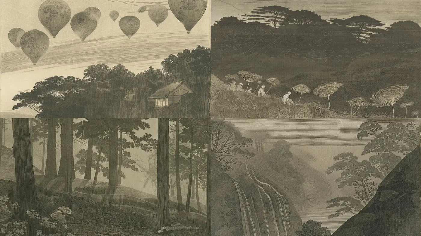 Ethereal Sepia-Toned Dreamscapes with Nature and Tranquil Vistas - Midjourney sref style