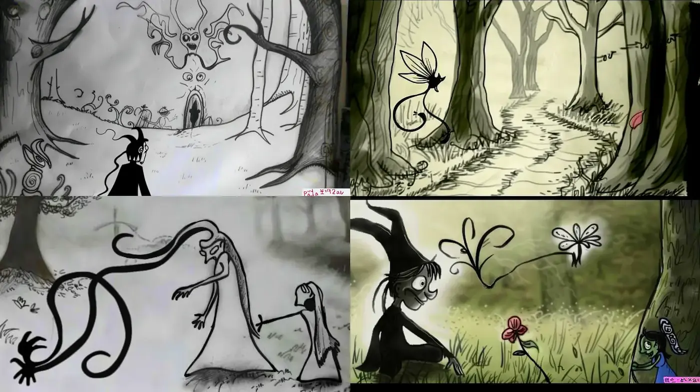 Whimsical and Mysterious Black-and-White Illustrations with a Touch of Surrealism - Midjourney sref style