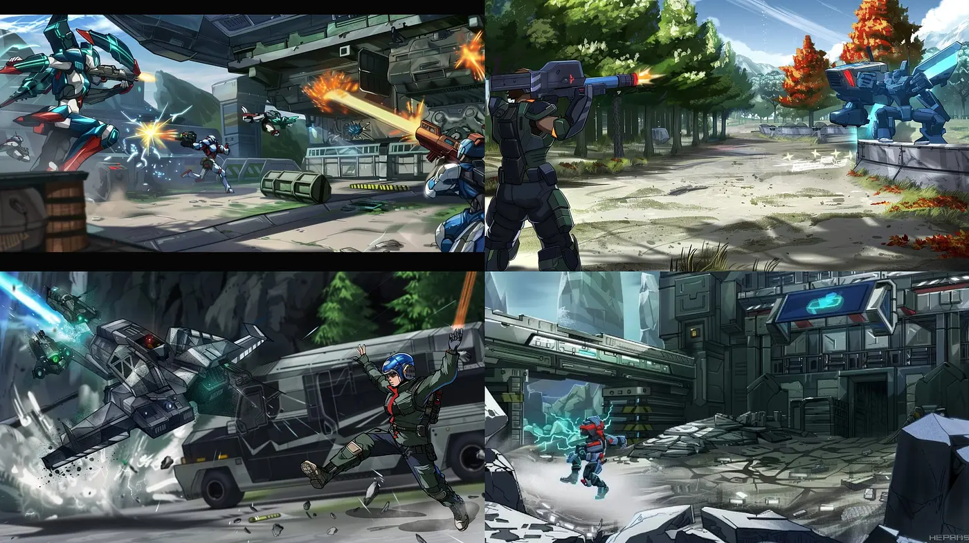 Dynamic Futuristic Combat Scenes with Consistent Cool Tones and Animated Vigor - Midjourney sref style