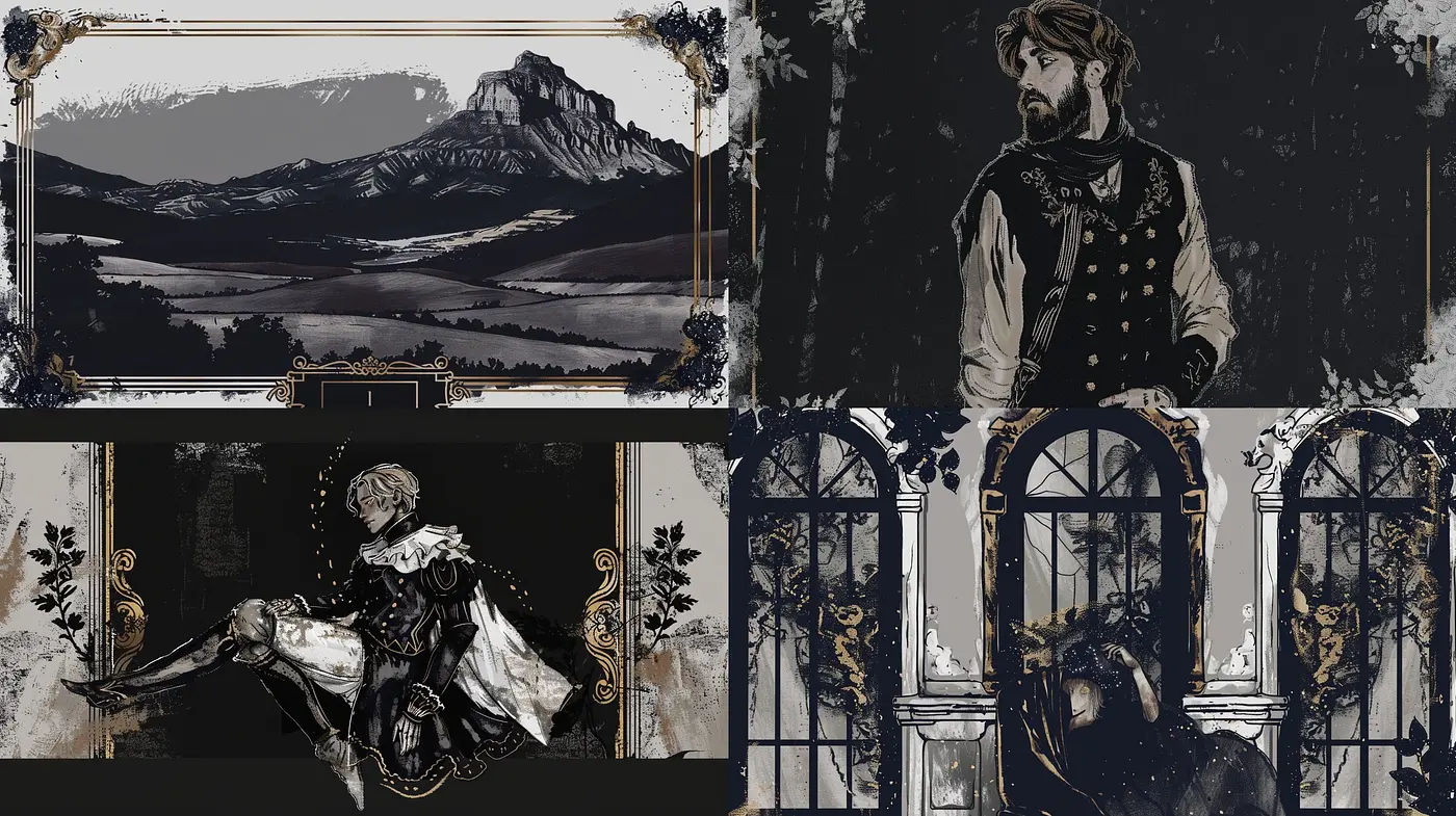 Monochrome Elegance with Golden Accents: A Fusion of Classic Realism and Modern Graphic Novel Aesthetics - Midjourney sref style