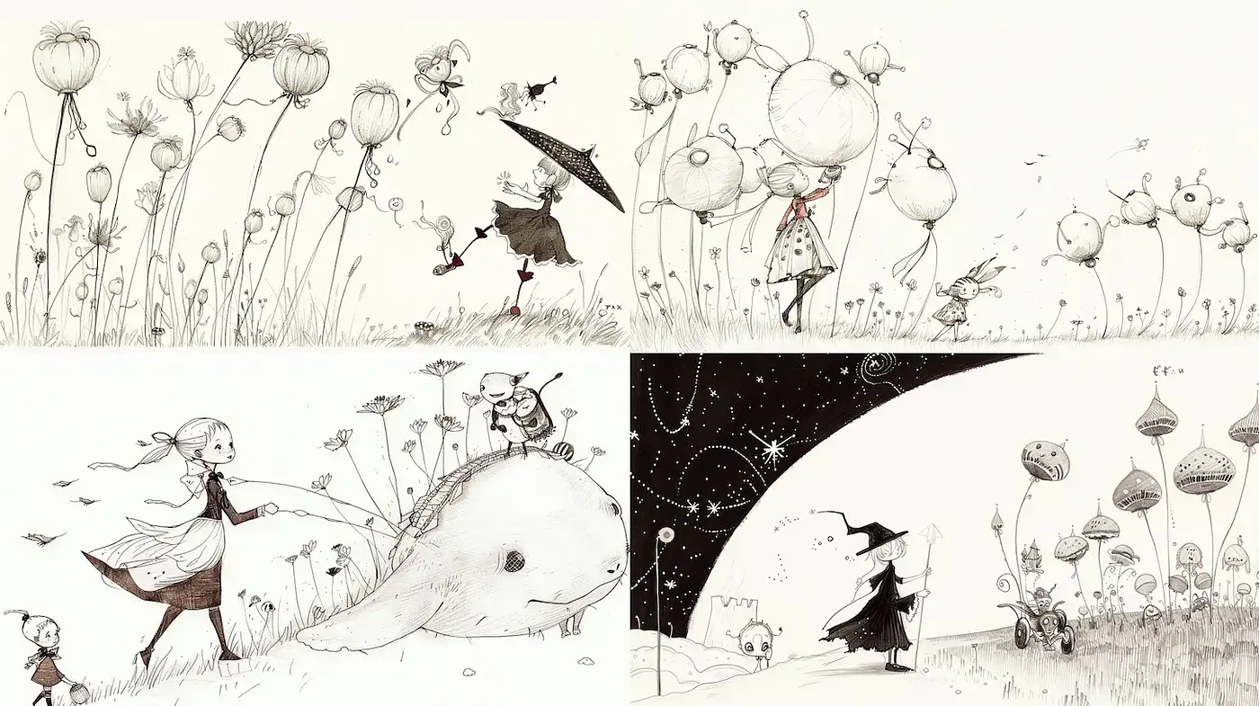 Whimsical and Enchanting Pen and Ink Illustrations with a Dreamy Aesthetic - Midjourney sref style