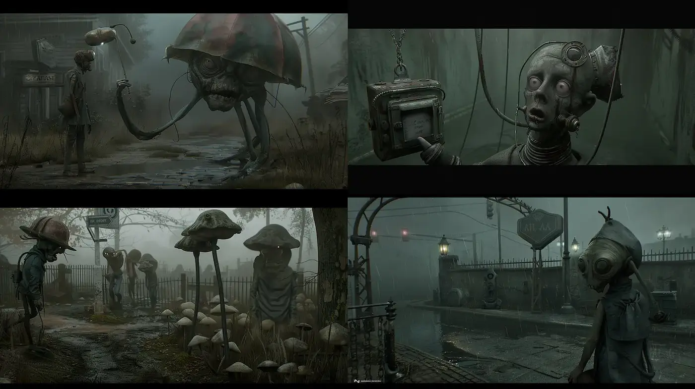Surreal and Eerie Fantasy Atmosphere with Quirky Characters - Midjourney sref style