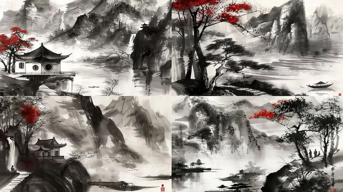 Tranquil Monochrome Landscapes with Vivid Accents - Midjourney sref style