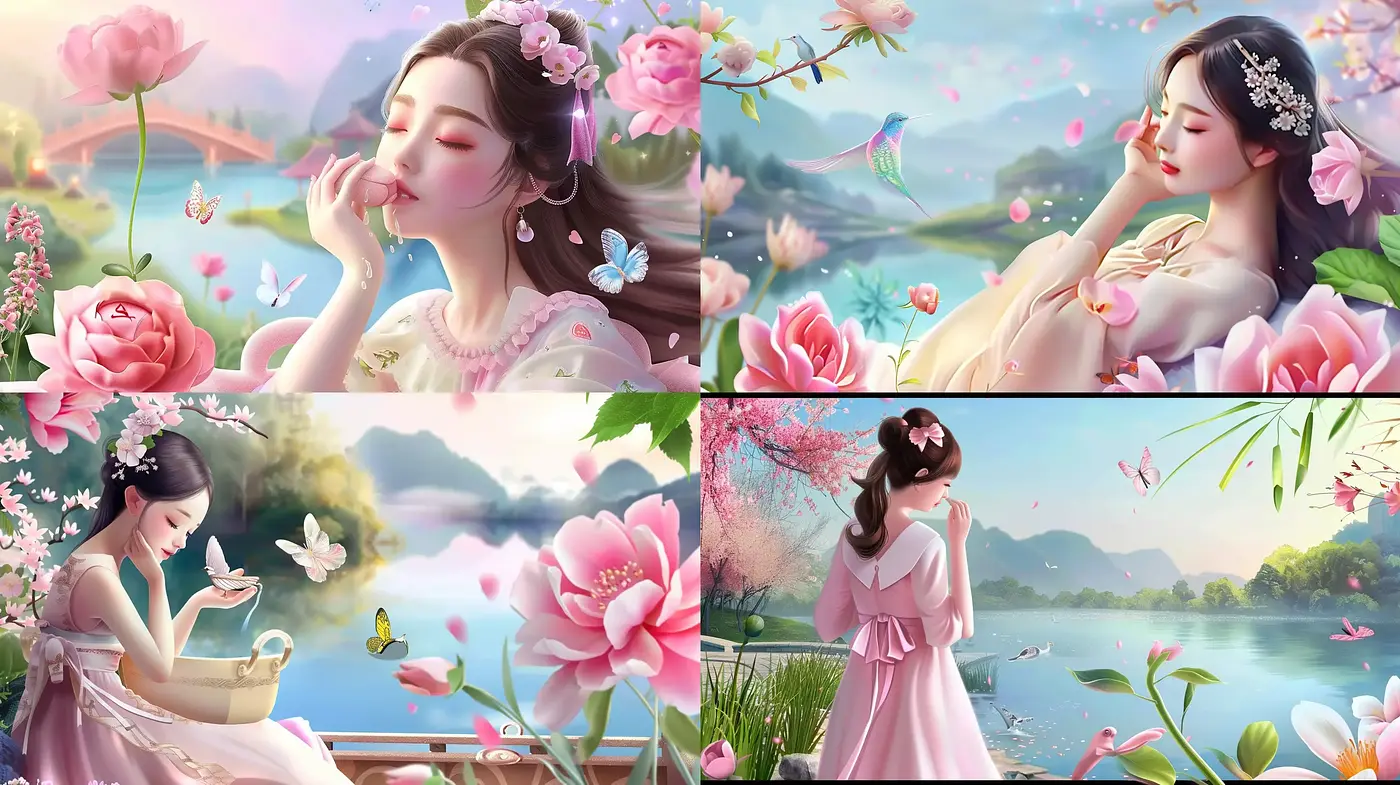 Ethereal Blossom Serenity: A Fusion of Tranquil Nature and Delicate Femininity - Midjourney sref style