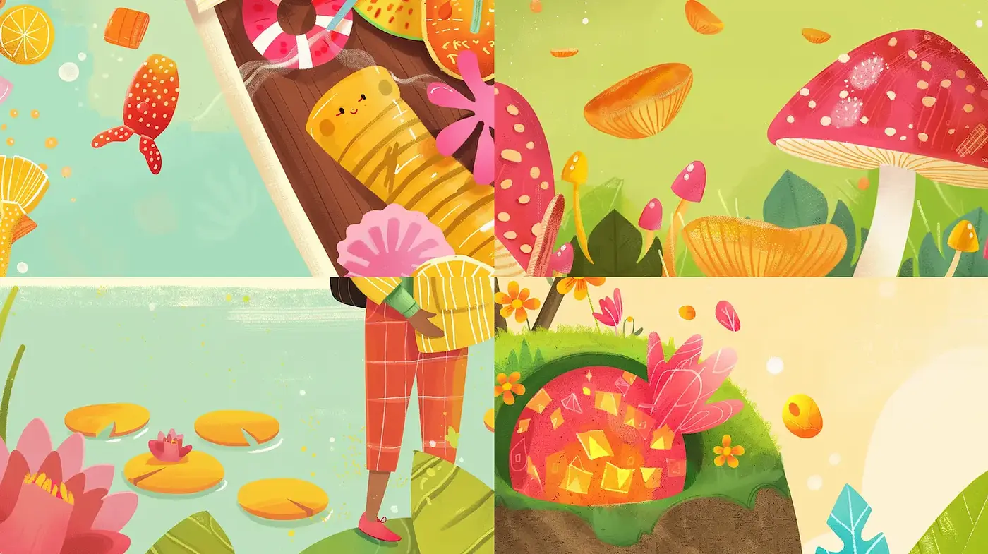 Whimsical and Playful Illustrations with Nature Themes - Midjourney sref style