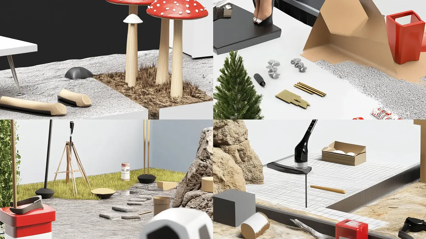 Surreal Still Life Fusion with Consistent Neutral Tones and Pops of Red - Midjourney sref style