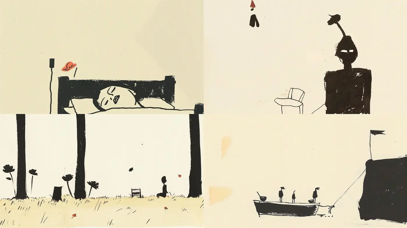 Simplified Contemplative Silhouettes in a Warm Minimalist Setting - Midjourney sref style