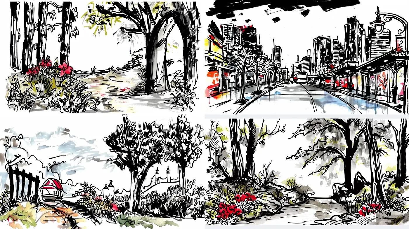 Dynamic Sketchbook Vignettes with Bold Accents - Midjourney sref style