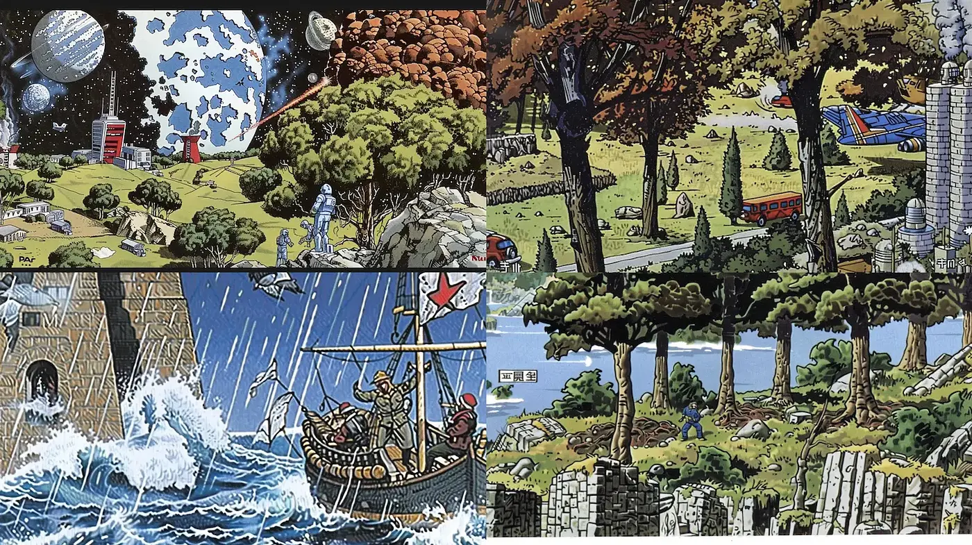 Whimsical and Detailed Illustrations with a blend of Natural and Sci-Fi Landscapes - Midjourney sref style