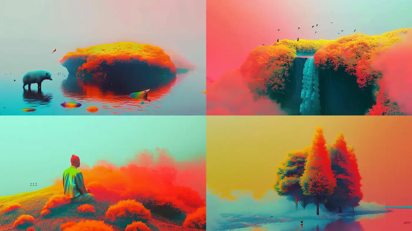 Dreamlike landscapes with vibrant and surreal qualities - Midjourney sref style