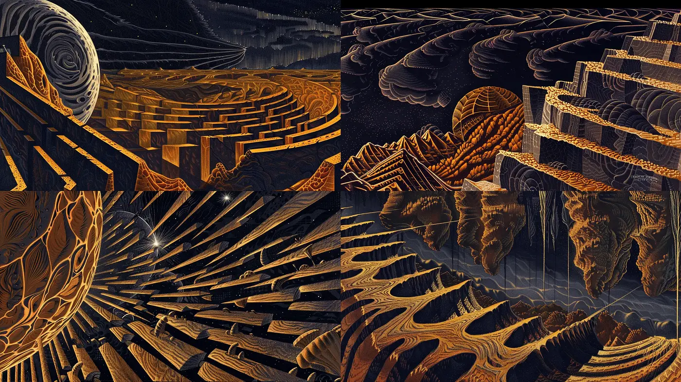 Abstract Geometric Interplay with a Labyrinthine Essence - Midjourney sref style