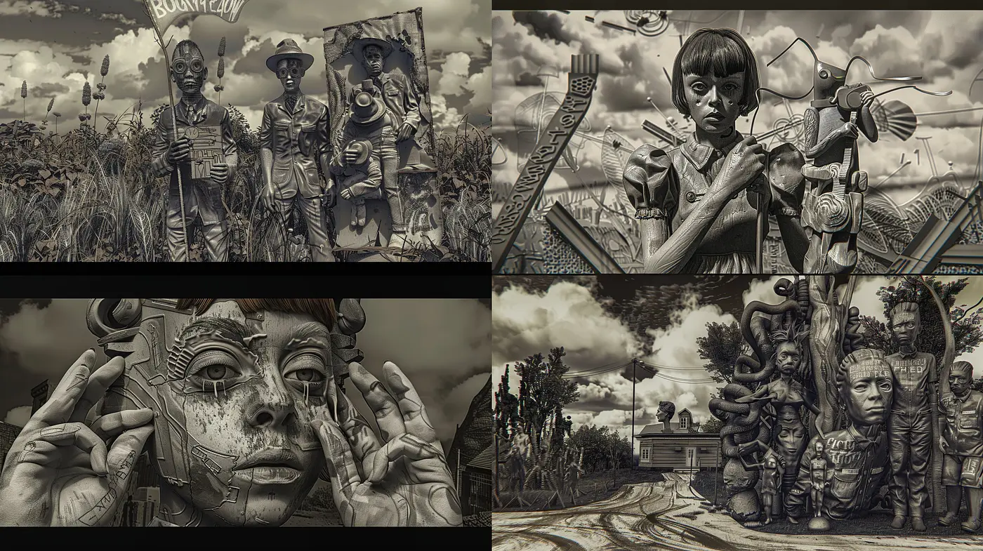 Monochromatic Dreamscape of Surreal Mechanized Entities - Midjourney sref style