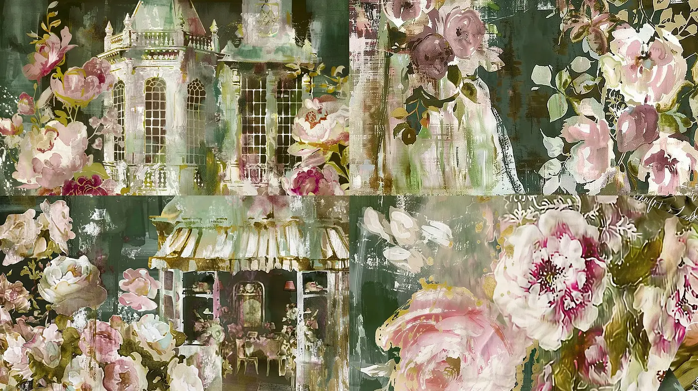 Ethereal Botanical Dreamscape: A Medley of Florals and Architectural Elegance - Midjourney sref style