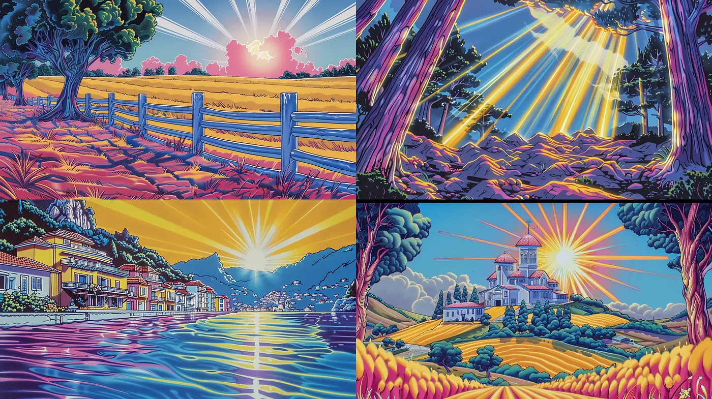Luminous Nostalgia: A Journey Through Vivid Sun-Cast Landscapes in a Stylized Retro Fusion - Midjourney sref style
