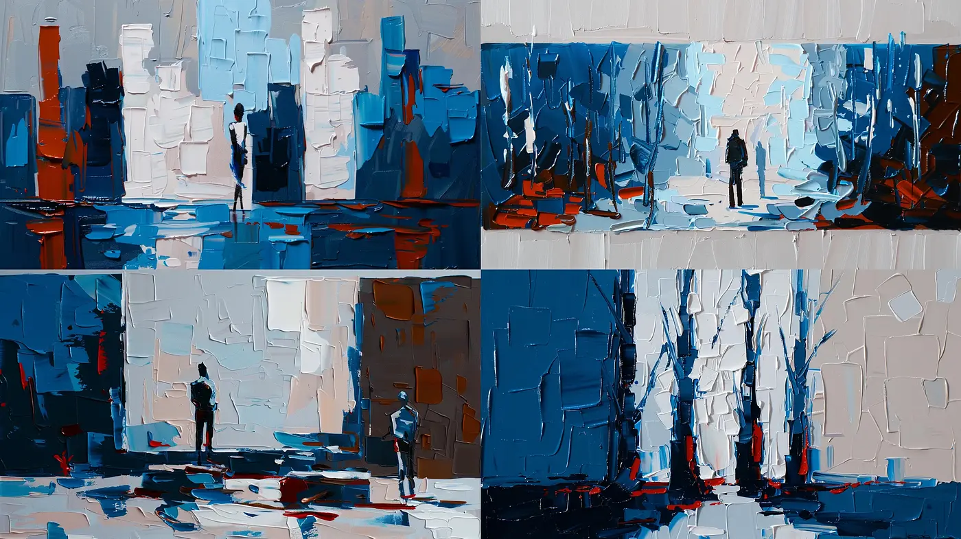 Abstracted Urban Introspection in Cool Tones and Geometric Segmentation - Midjourney sref style
