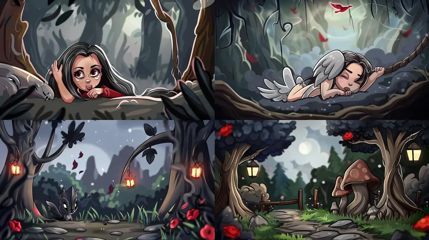 Whimsical Fantasy Landscape with Playful Characters and Enchanted Details - Midjourney sref style