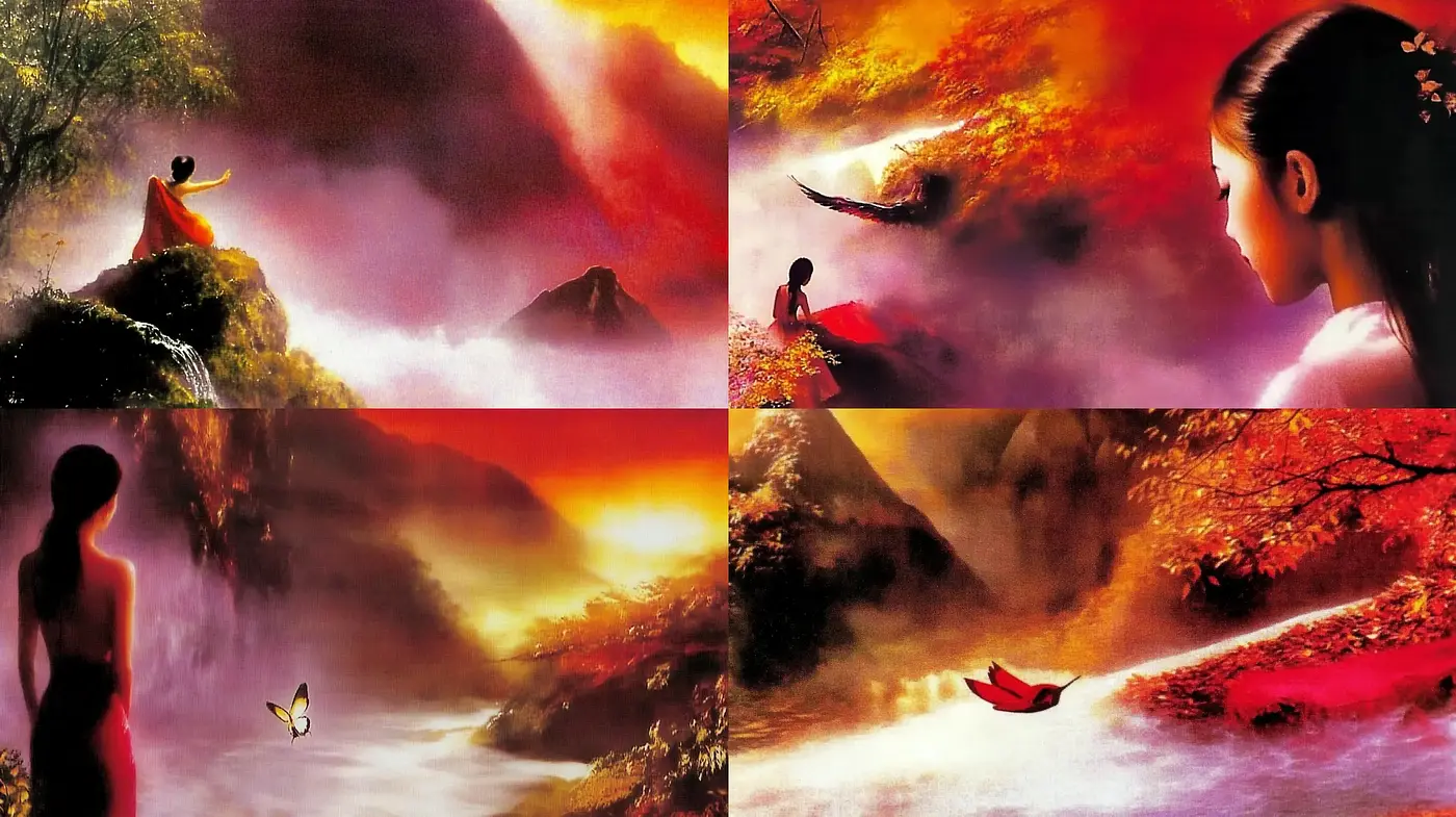 Ethereal Dreamscape Fusion with Vivid Sunset Hues - Midjourney sref style