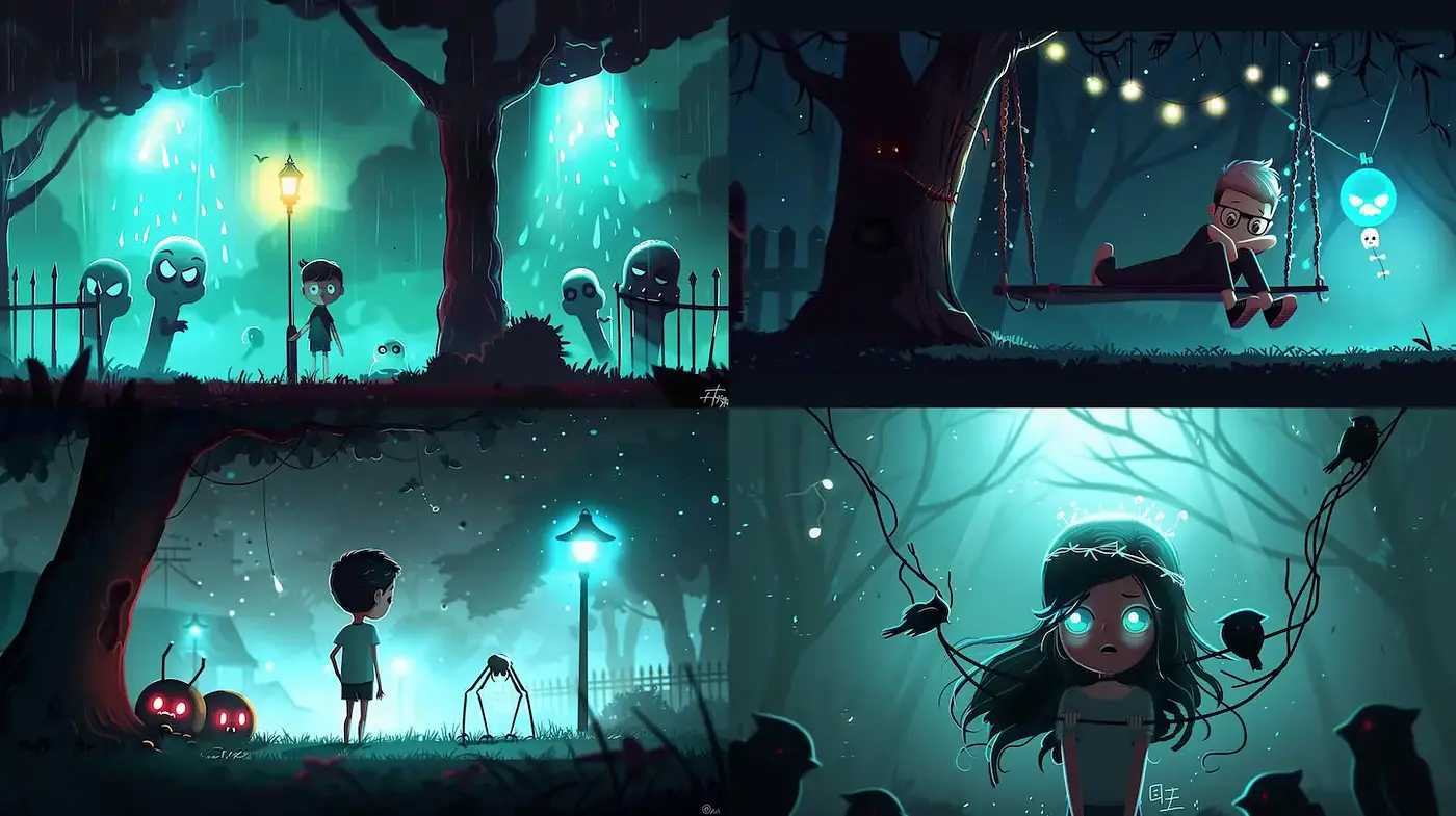 Playful yet eerie atmosphere with whimsical elements in a dark fantasy setting - Midjourney sref style