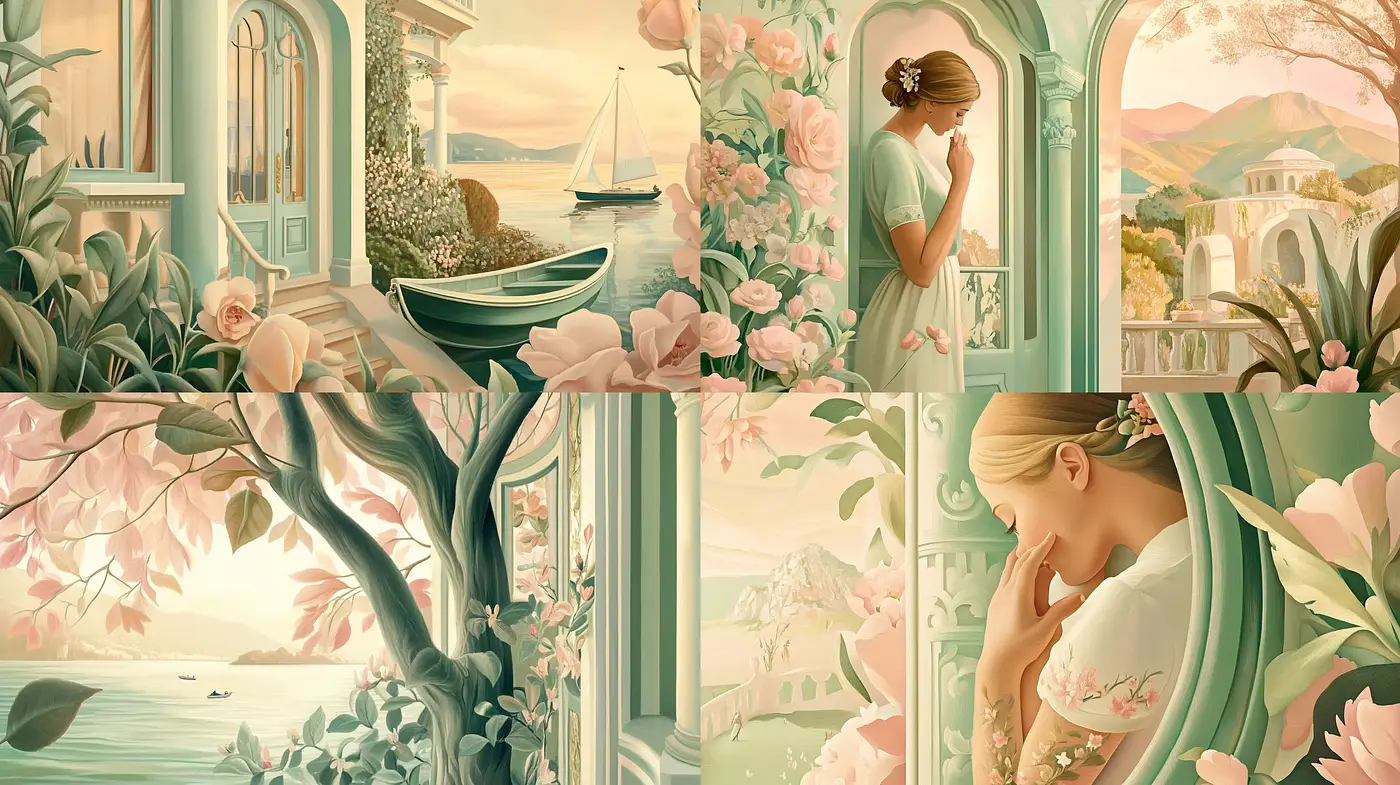 Serene Pastoral Elegance in a Softly Saturated Palette - Midjourney sref style