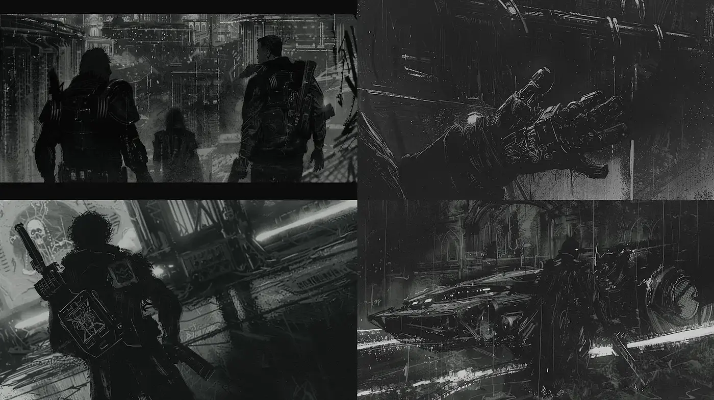 Dark, Cyberpunk-inspired Aesthetic with Rich Textural Elements - Midjourney sref style