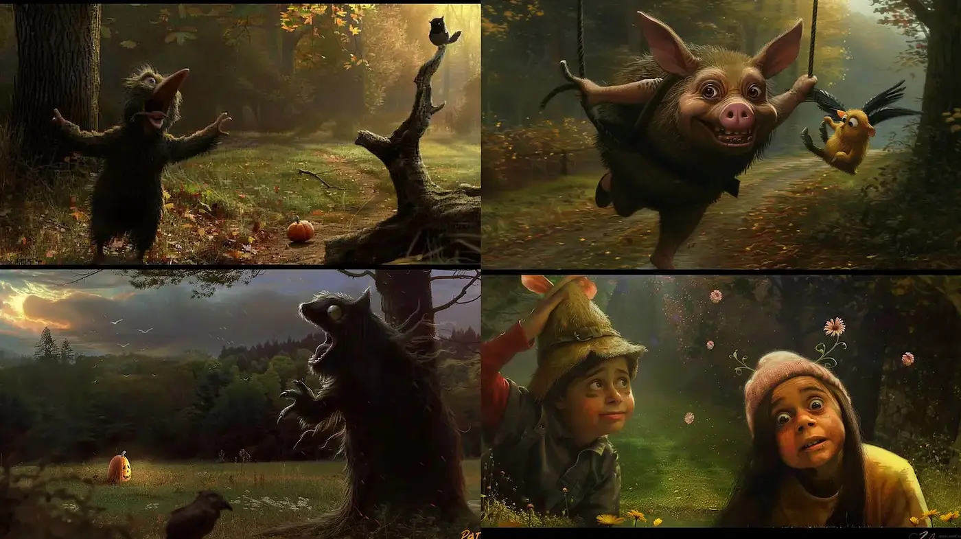 A Whimsical Exploration of Nature Through Playful Characters and Rich Textures - Midjourney sref style