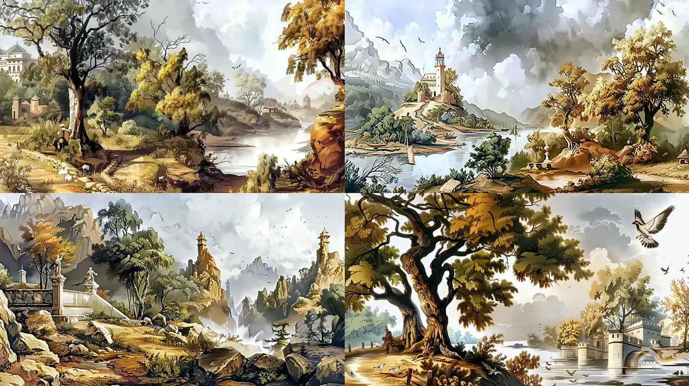 Idyllic Romantic Era Sceneries with Dreamlike Watercolor Textures - Midjourney sref style