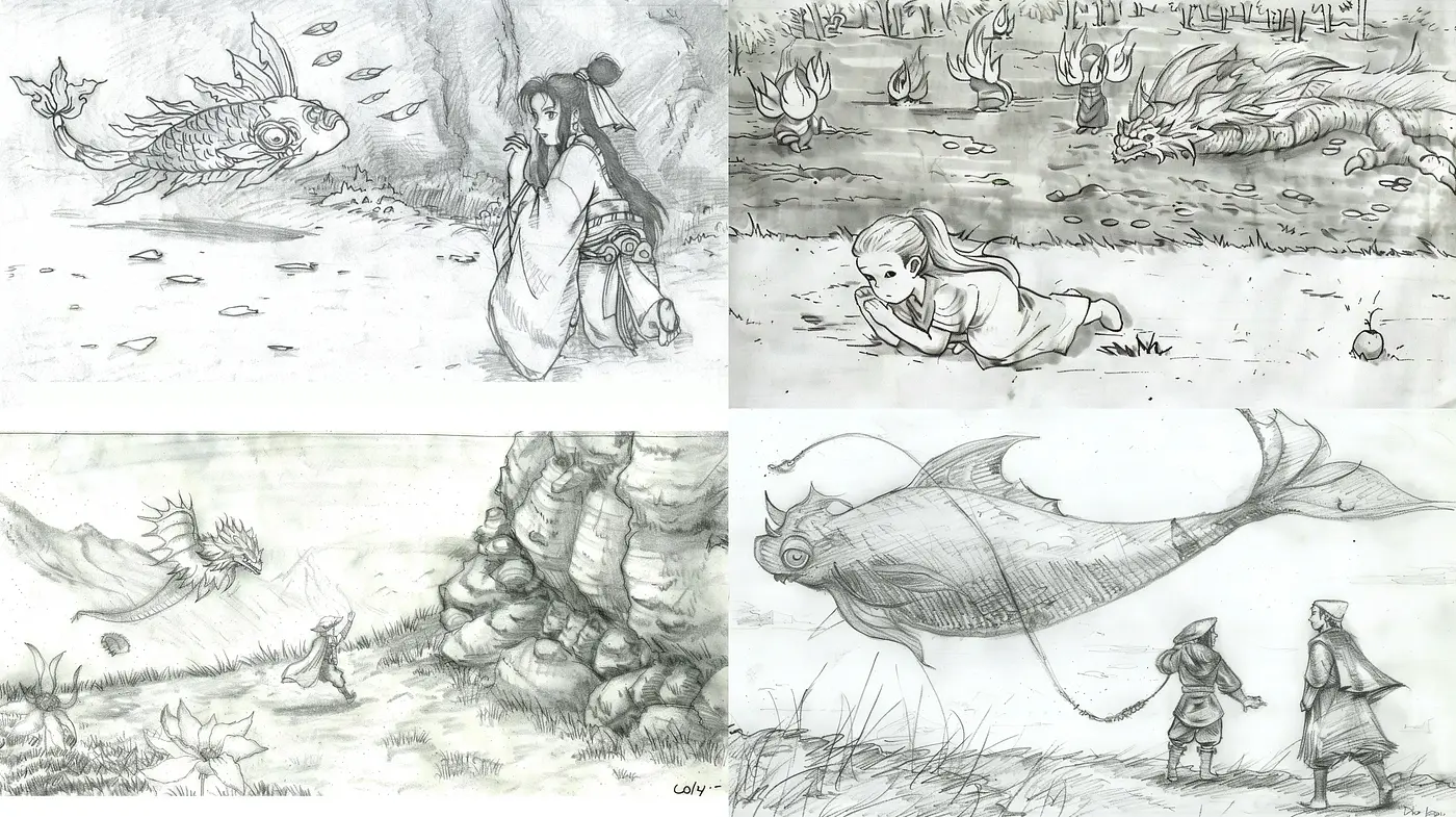 Whimsical Graphite Sketches with a Consistent Mythological Essence - Midjourney sref style