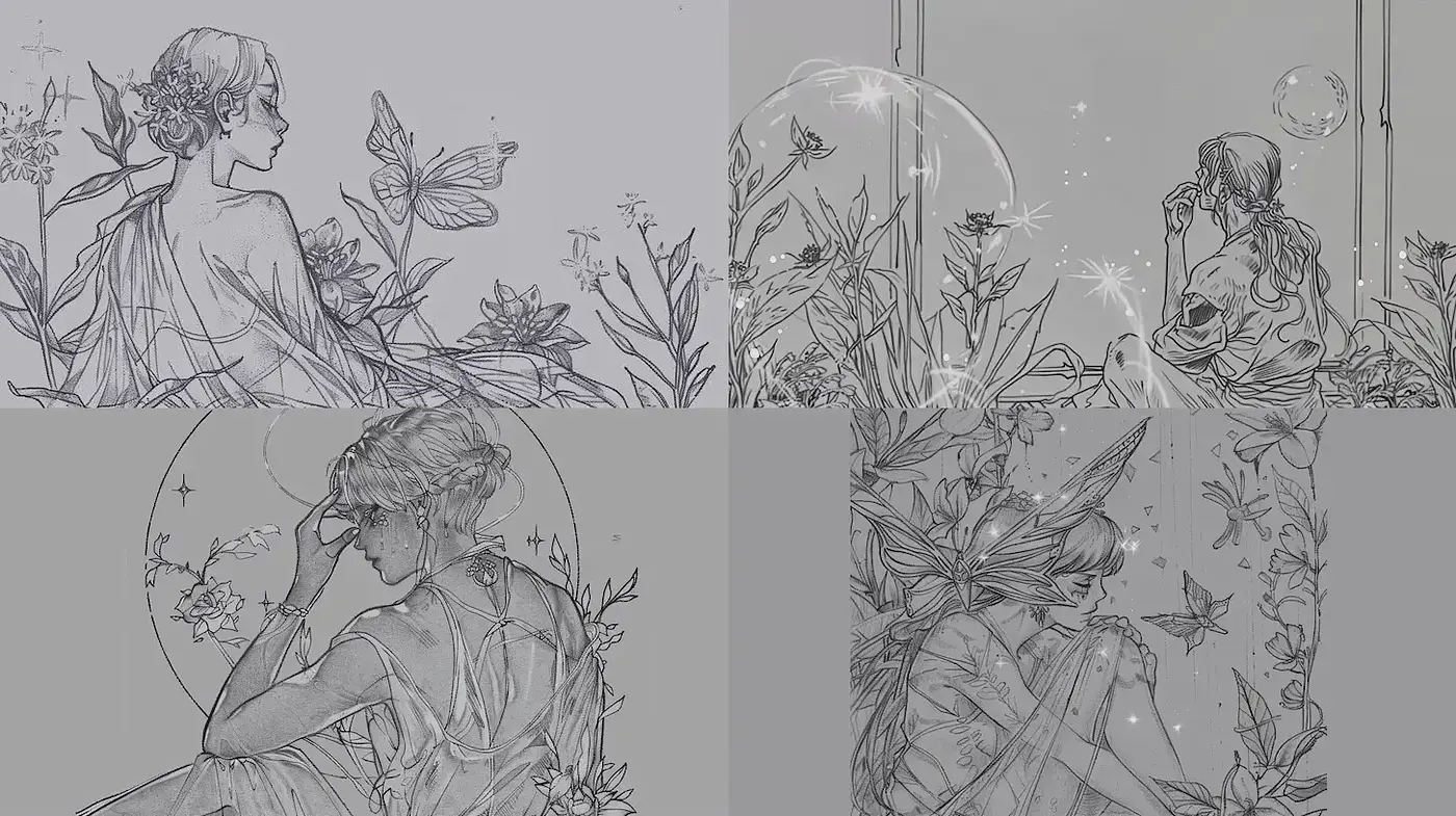 Intricate Illustrations with Nature Motifs and Emotionally Expressive Figures - Midjourney sref style
