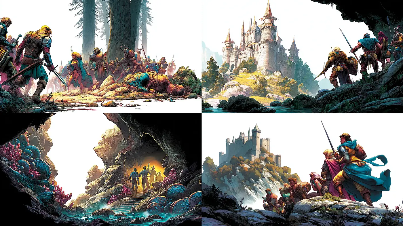 Epic Fantasy Adventure Illustration with Rich Textures and Bold Characters - Midjourney sref style