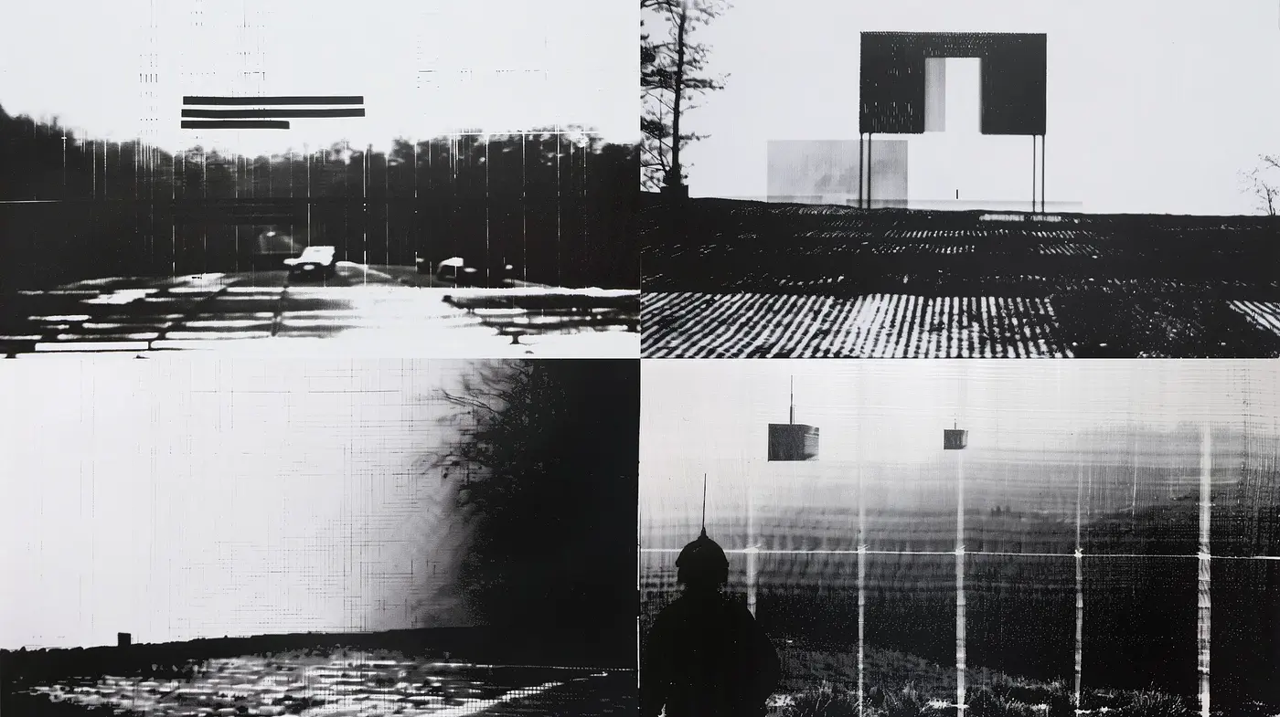 Monochromatic Glitch Art with Textural Dissonance - Midjourney sref style