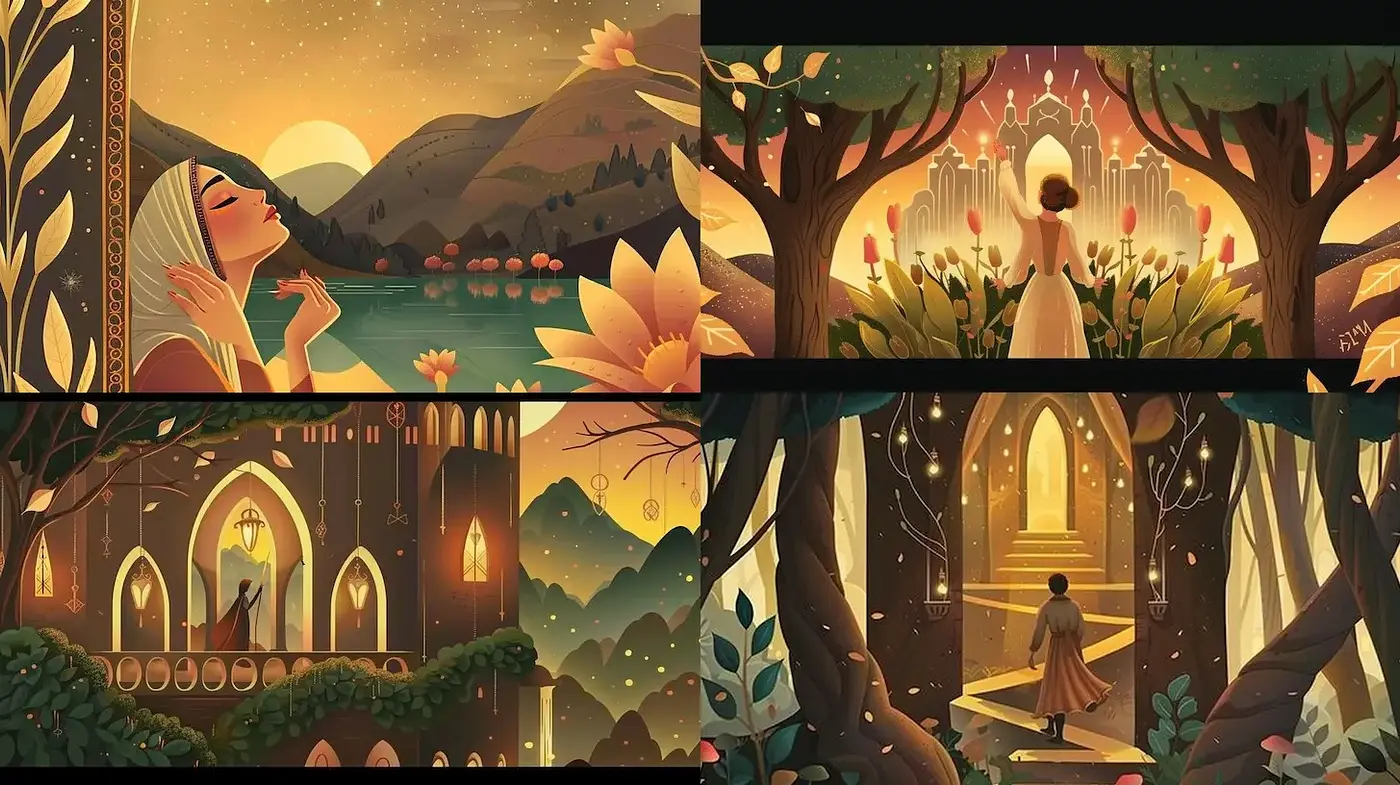 Enchanting Illustrations of Serene Landscapes and Mystical Moments - Midjourney sref style