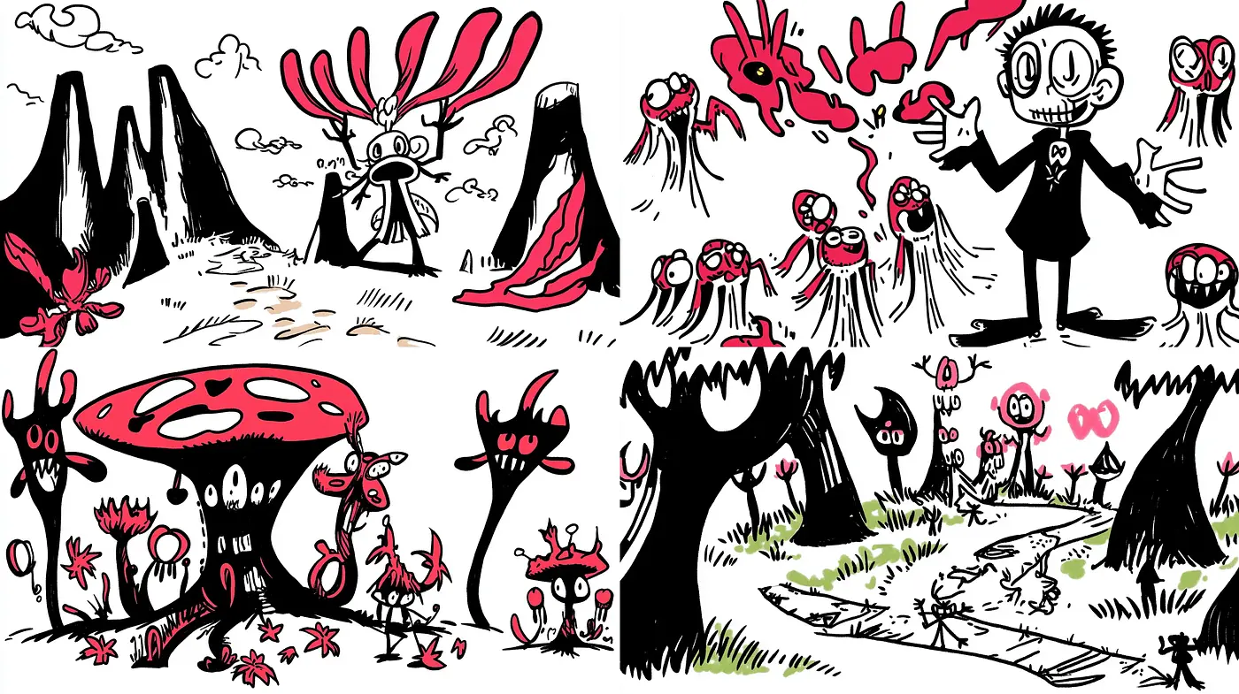 Whimsical Monochrome Fantasies: A Homage to Surrealist Ink Illustrations - Midjourney sref style
