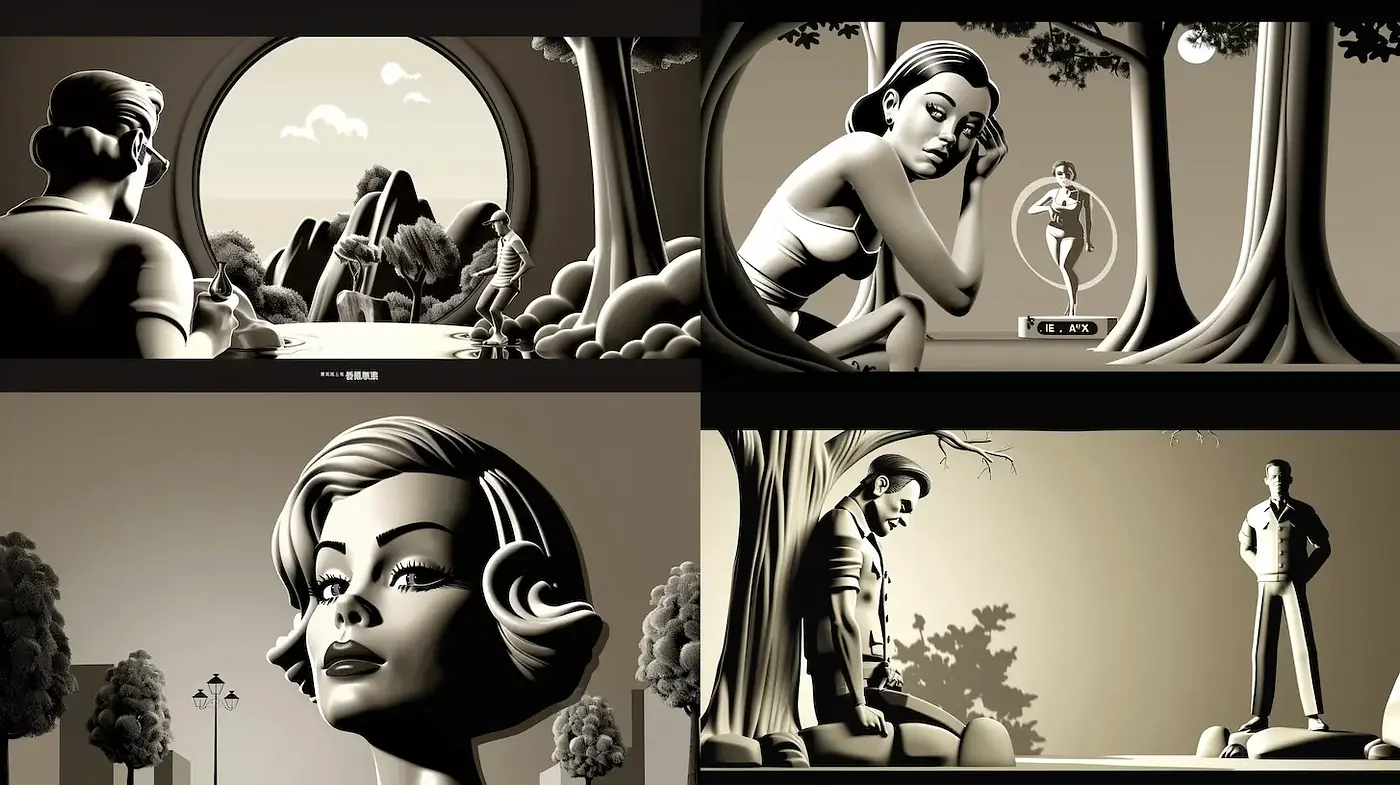 Stylized monochrome depictions with nostalgic undertones - Midjourney sref style
