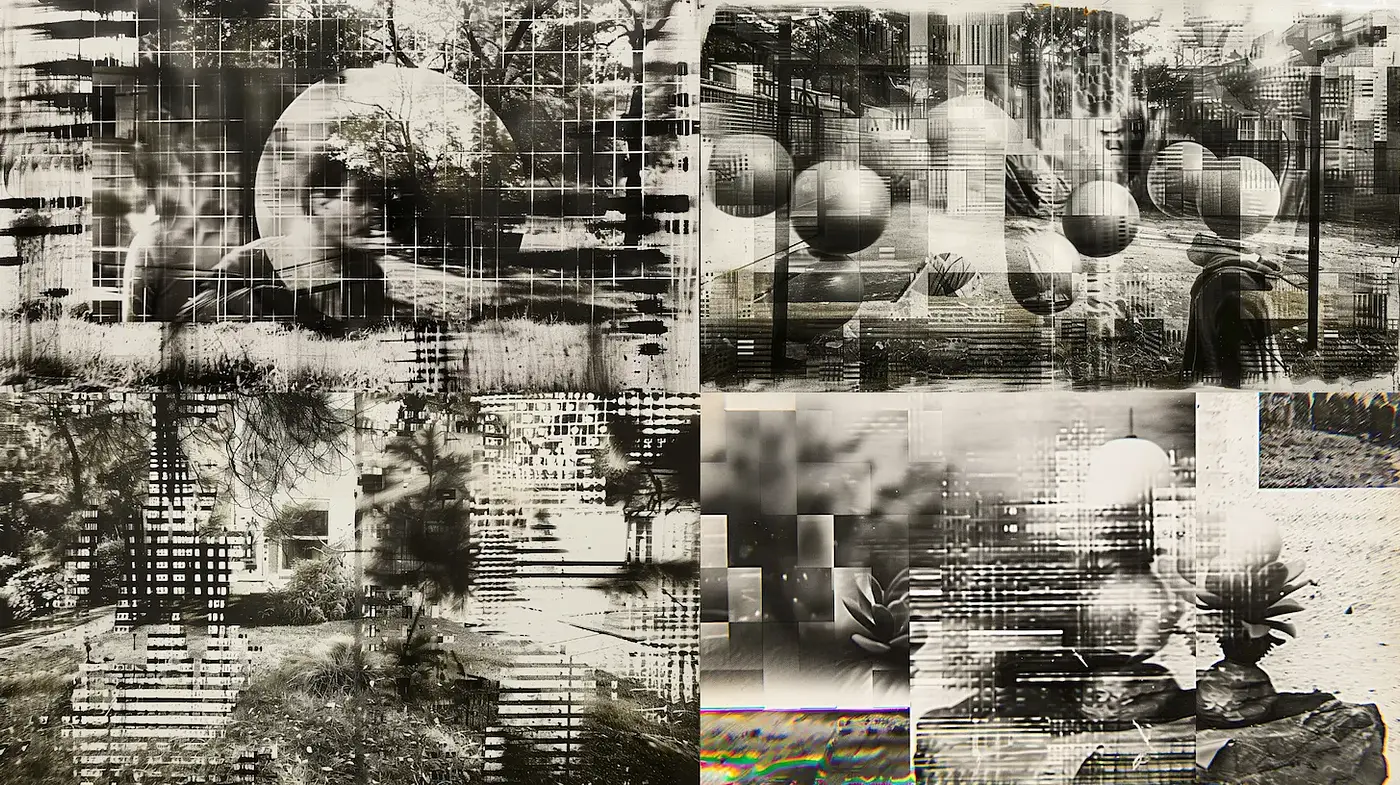 Abstract Vintage Monochrome with Distorted Textures and Fragmented Imagery - Midjourney sref style