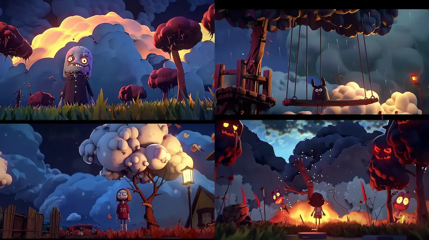 Whimsical Yet Eerie Fantasy Landscapes with Playful Characters - Midjourney sref style