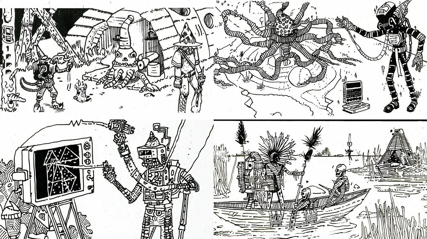 Intricate Monochromatic Sci-Fi Line Art - Midjourney sref style