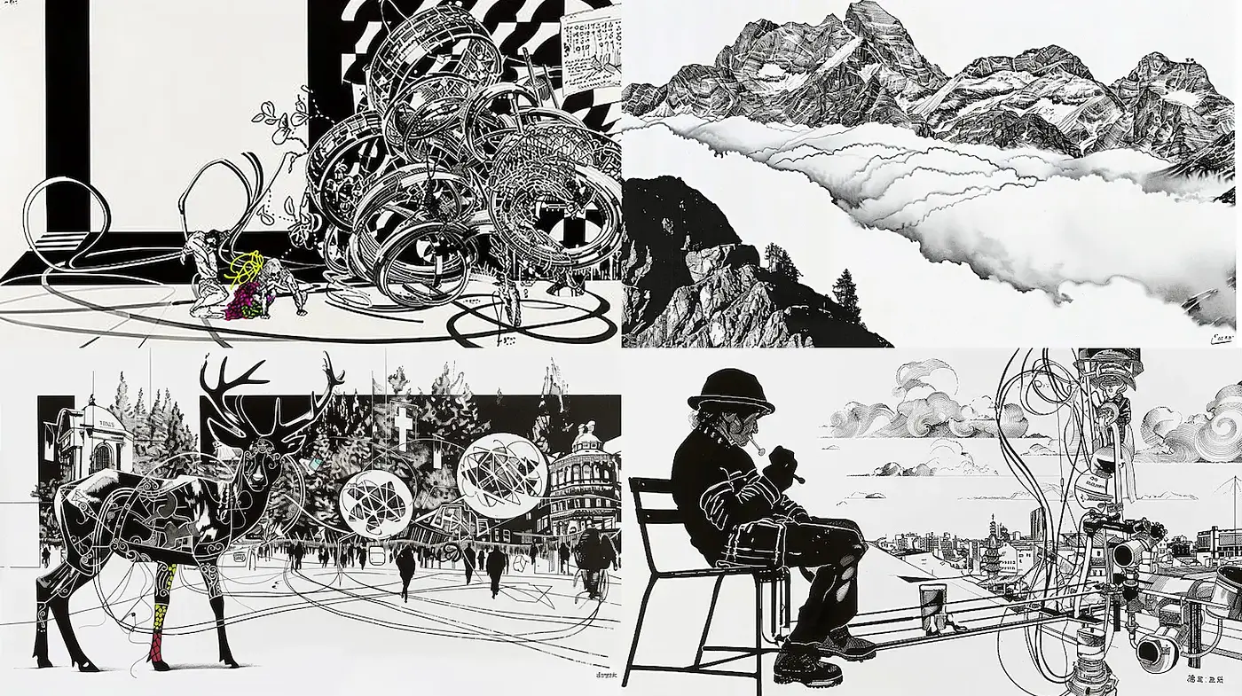 Intricate Black and White Illustrations with Surrealistic Elements - Midjourney sref style