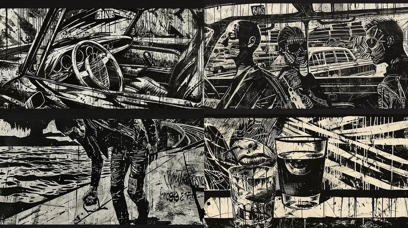 Dark, gritty noir aesthetic with intricate line work - Midjourney sref style