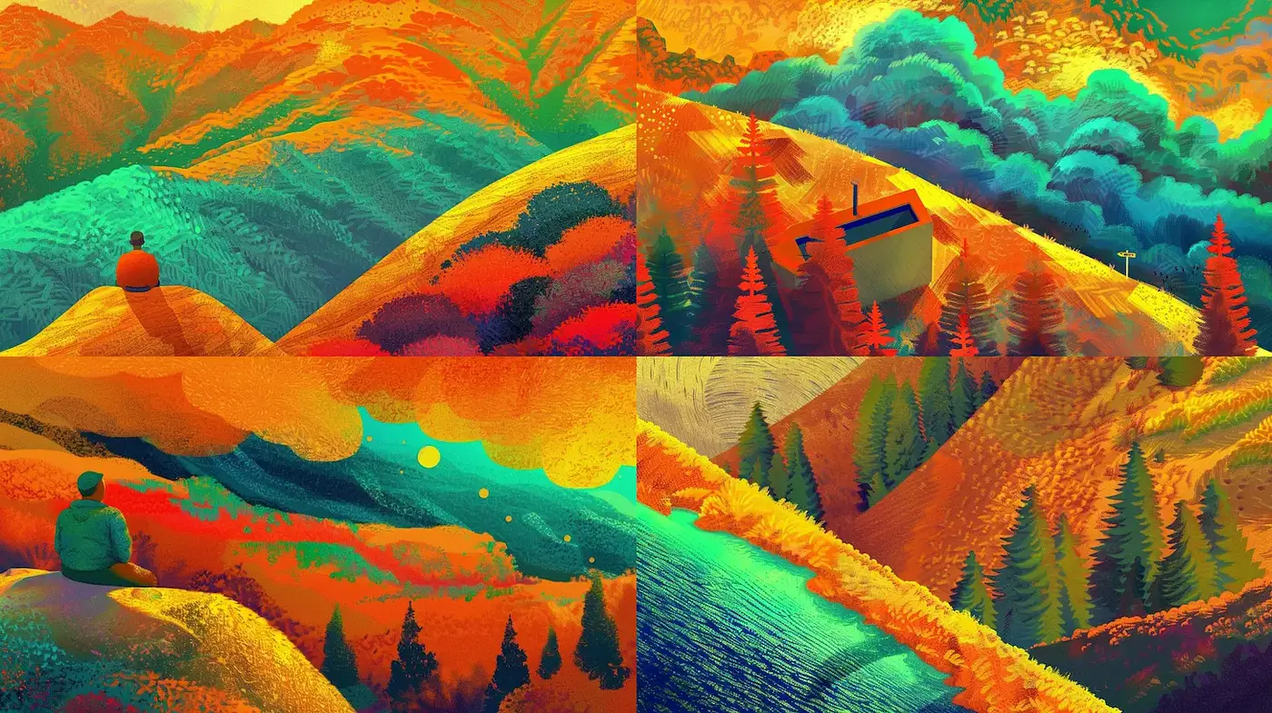 Vibrant and Textured Landscape Illustrations with a Dreamy Quality - Midjourney sref style