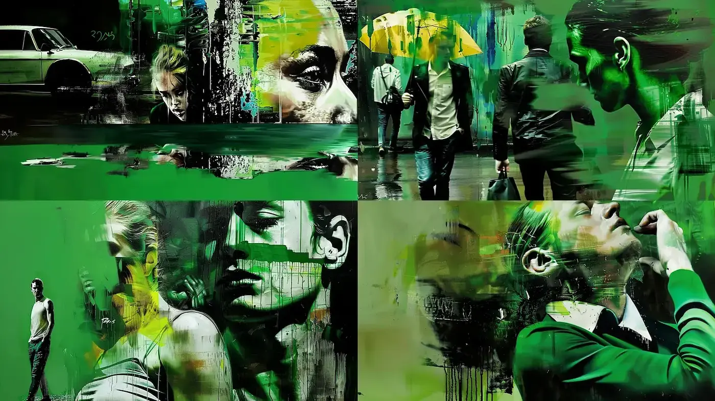 Dynamic urban expressionism with strong visual contrasts - Midjourney sref style