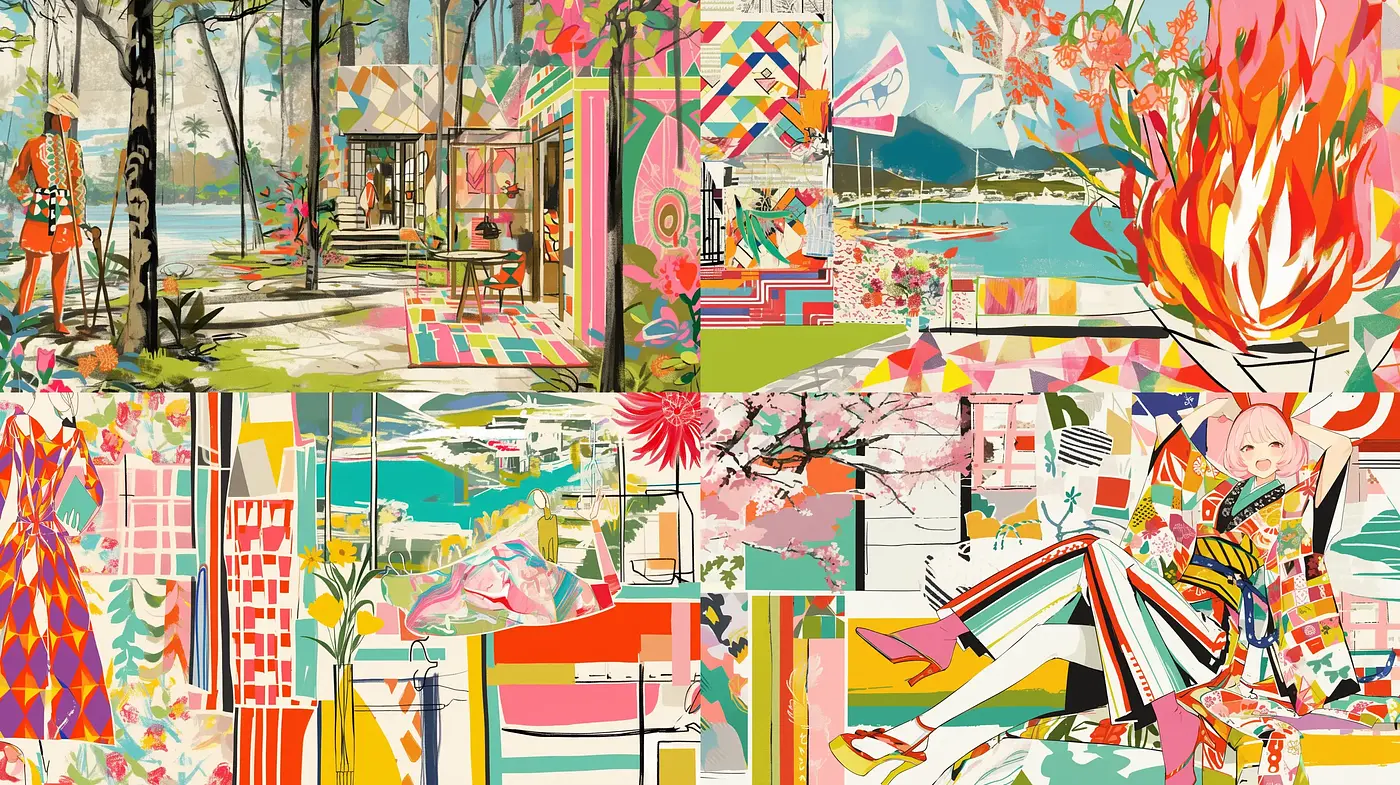 Eclectic Fusion of Modernist Patterns and Vibrant Florals - Midjourney sref style