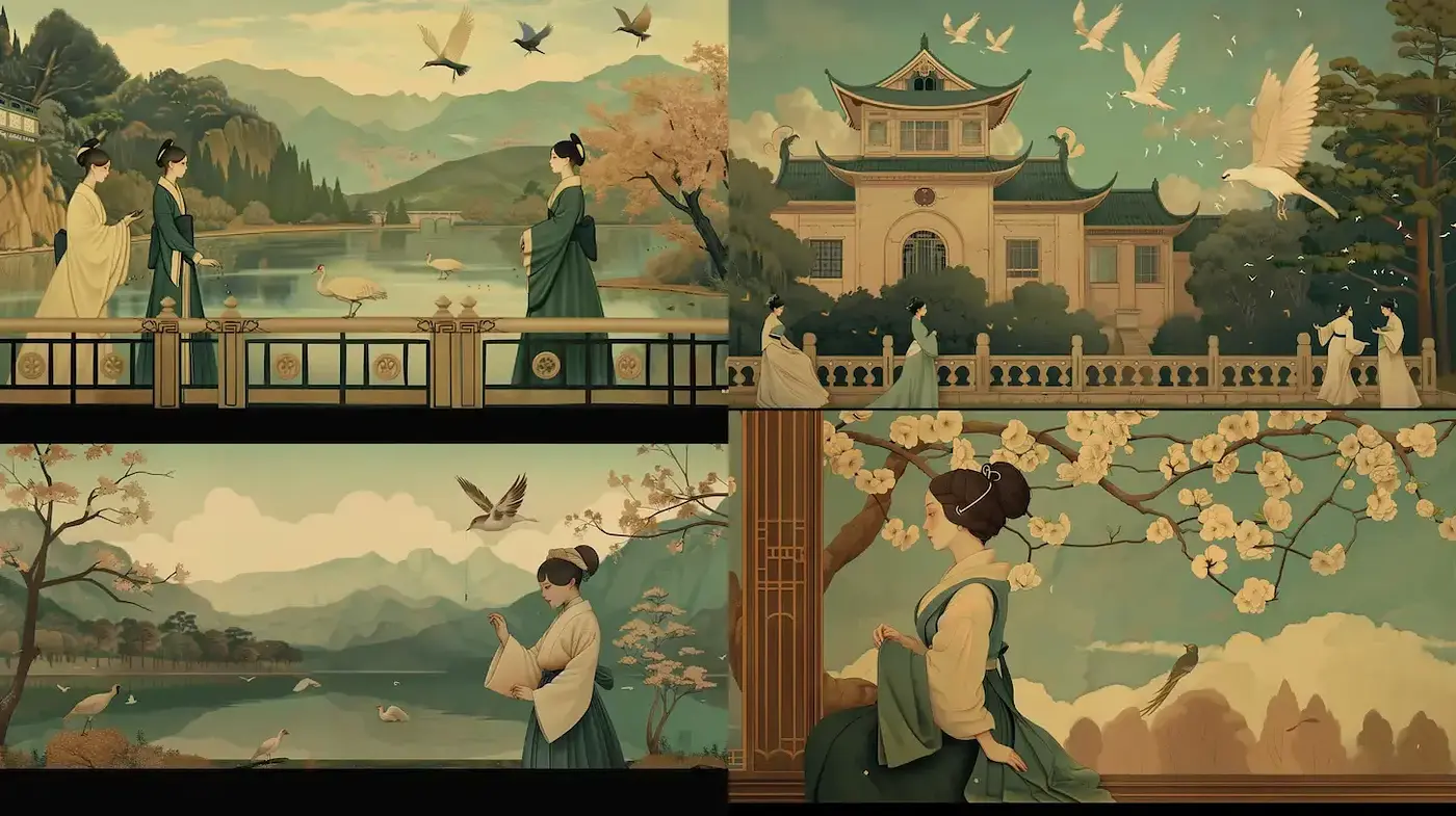 Serene and Harmonious Traditional Landscape with Elegant Figures - Midjourney sref style