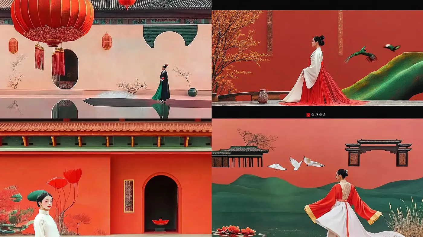 Ethereal Elegance in Crimson Harmony: A Fusion of Traditional Asian Serenity - Midjourney sref style