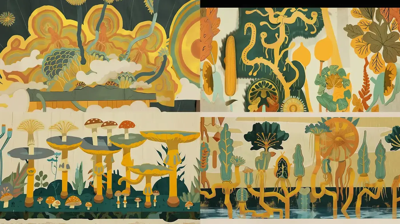 Vibrant botanical mural with stylized elements in a retro color scheme - Midjourney sref style