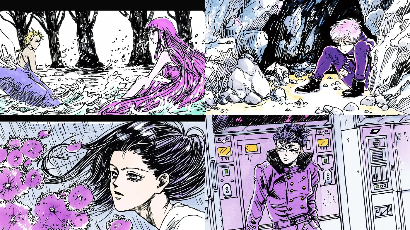 Contemporary Ink-Washed Manga Fusion with Pastel Accents - Midjourney sref style