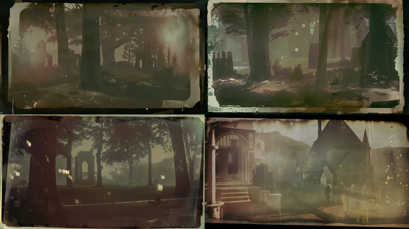 Ethereal Sepia Forests and Townscapes: A Dreamlike Vision in Monochrome - Midjourney sref style